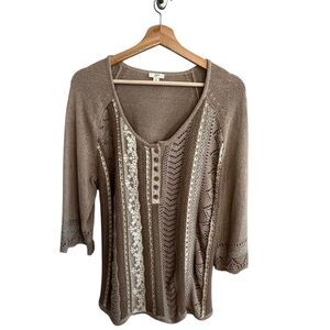 J Jill Henley Crochet Lace Sweater Top Sz XL Taupe Lightweight Boho Grandmacore